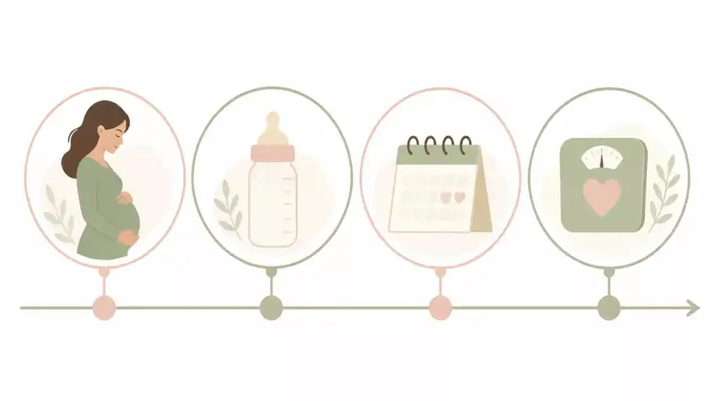 產後隆乳時機：懷孕、哺乳、斷奶到身體穩定的時程示意圖（圖片來源：Canva）